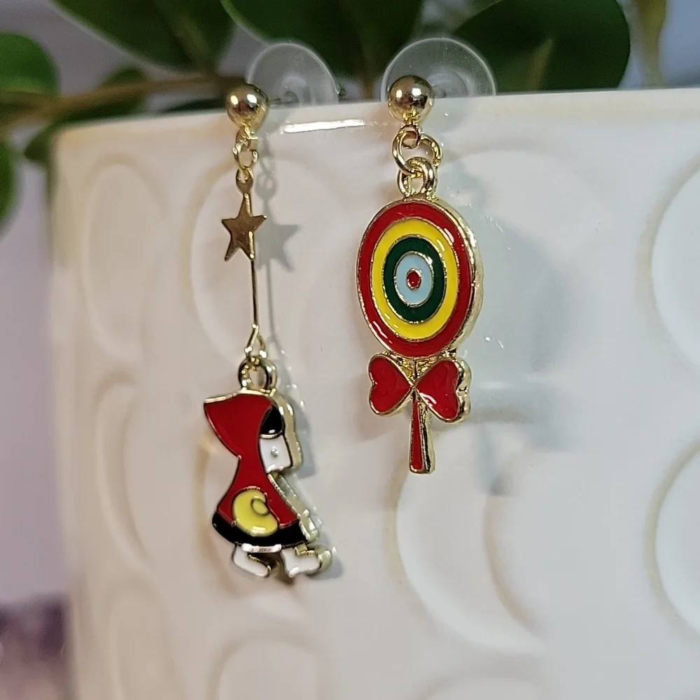 Little Red Riding Hood Mismatched Drop Earrings, S925 - Picture 4 of 4
